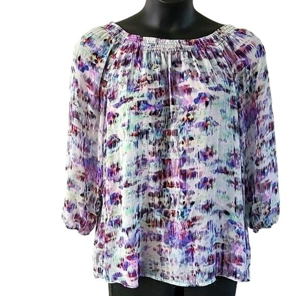 Daisy Fuentes Abstract Print Blouse – Size Large – 3/4 Sleeve – Sheer Overlay - Picture 4 of 7